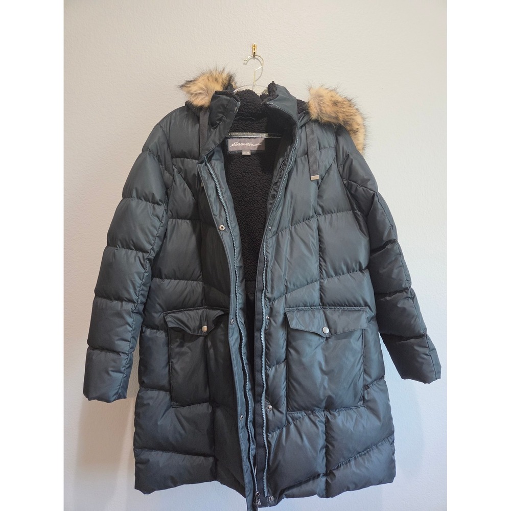 Eddie Bauer Down Parka Women 2XL Black Faux Fur Hood Puffer Coat Good